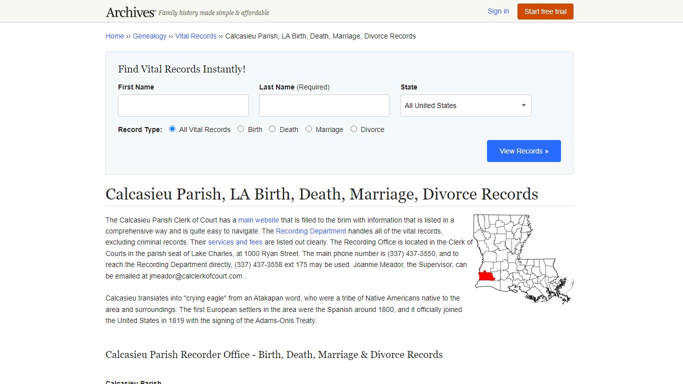 Calcasieu Parish, LA Birth, Death, Marriage, Divorce Records - Archives.com